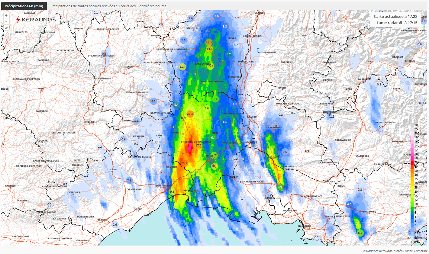 Des orages bien pluvieux ont affect&eacute; le Gard ce jeudi apr&egrave;s-midi. Il est tomb&eacute; plus de 60 mm de pluie en 6h &agrave; l'ouest de Fons et Saint-Mamert-du-Gard notamment. Un nouvel &eacute;pisode pluvio-orageux de plusieurs jours d&eacute;bute.