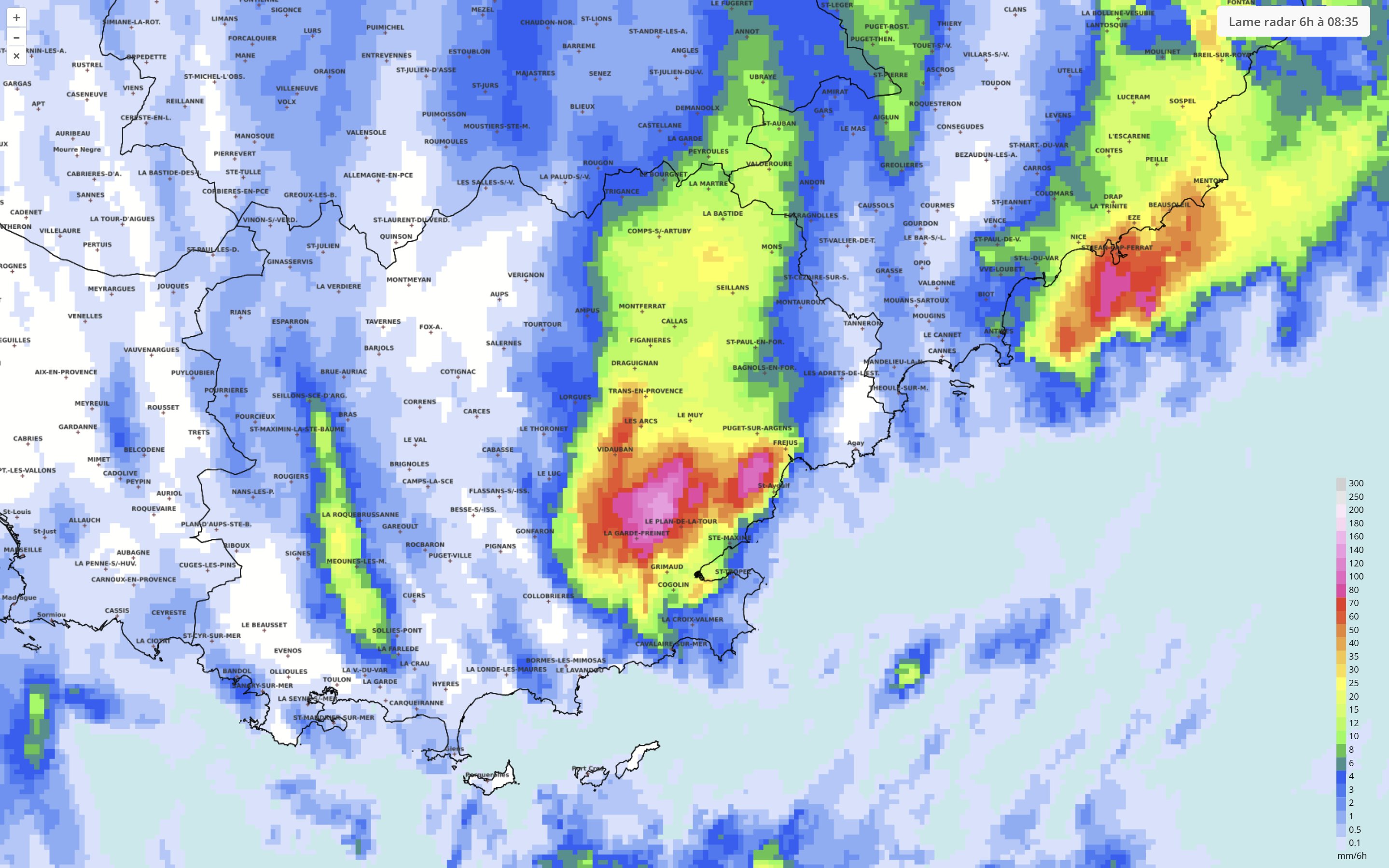 Lame d'eau diluvienne et crue &eacute;clair en cons&eacute;quence dans le secteur de Vidauban dans le Var il y a quelques heures (119 mm en 1h). A noter &eacute;galement des cumuls significatifs juste au large des Alpes-Maritimes, touchant le secteur de Saint-Jean-Cap-Ferrat.