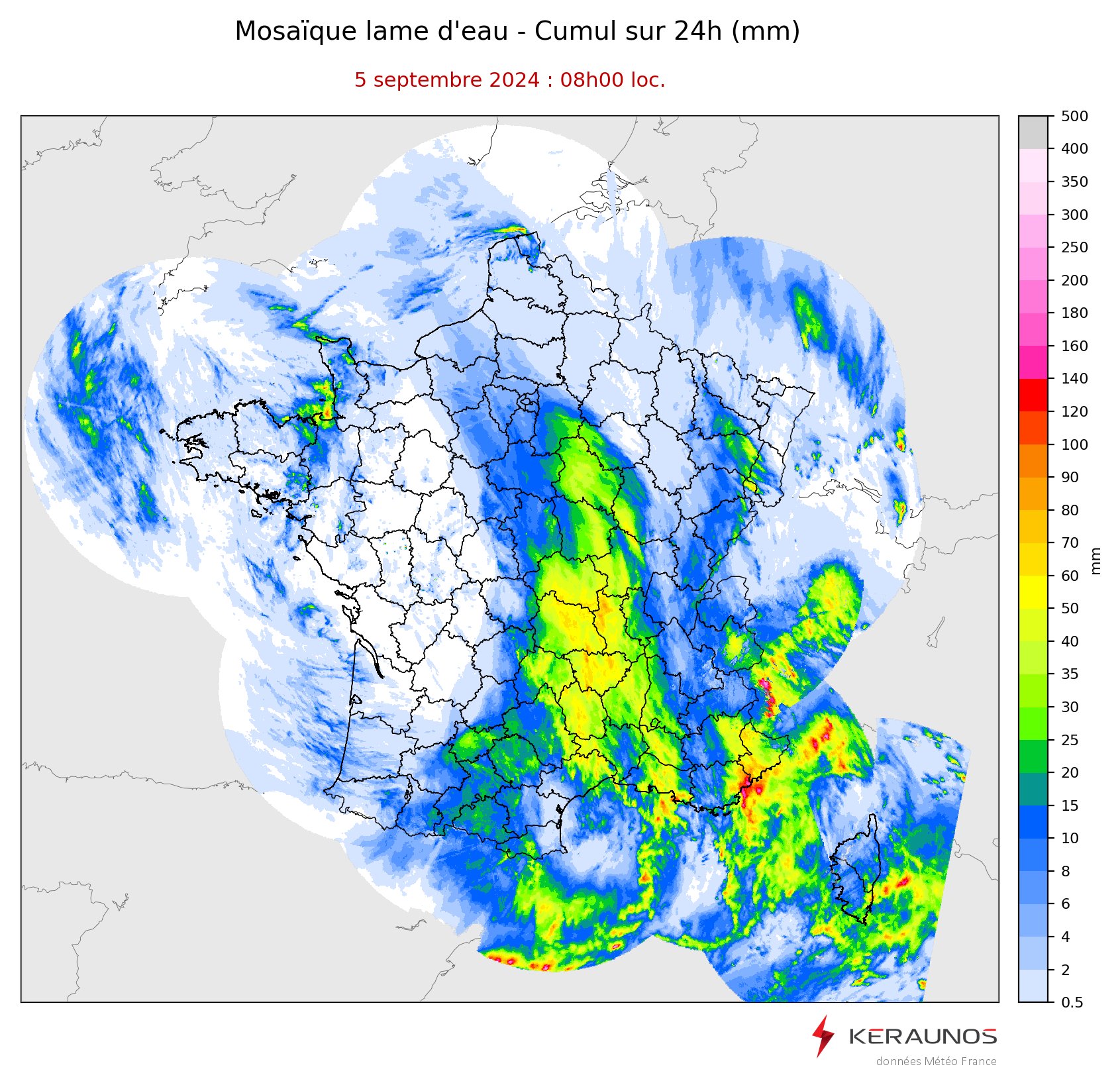 Ces derni&egrave;res 24h ont &eacute;t&eacute; plus particuli&egrave;rement arros&eacute;es, avec des lames d'eau estim&eacute;es proches de 130/150 mm &agrave; la fronti&egrave;re Var/Alpes-Maritimes et un axe pluvieux tr&egrave;s actif du nord de la Bourgogne au Golfe du Lion.