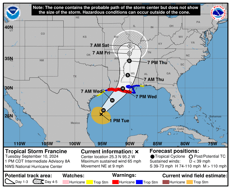 La temp&ecirc;te tropicale Francine, qui &eacute;volue dans le Golfe du Mexique, devrait s'intensifier en ouragan ces prochaines heures, avant d'impacter la Louisiane dans la nuit de mercredi &agrave; jeudi.