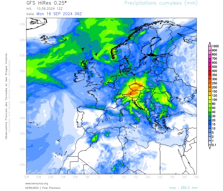 La descente du thalweg d'altitude responsable de l'intrusion d'air froid sur la France va occasionner des intemp&eacute;ries notables sur le centre de l'Europe, notamment de l'Autriche &agrave; la R&eacute;publique Tch&egrave;que avec des pr&eacute;cipitations tr&egrave;s importantes attendues. Des cumuls aussi importants de mani&egrave;re aussi g&eacute;n&eacute;ralis&eacute;e risquent de provoquer des inondations notables sur ces zones.