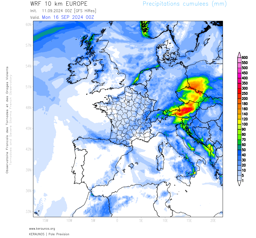 Les conditions tr&egrave;s pluvieuses se confirment entre l'Autriche, la R&eacute;publique Tch&egrave;que et l'ouest de la Pologne, avec parfois des cumuls proches de 300 mm en 3 &agrave; 4 jours et de probables crues de grande ampleur. Les premi&egrave;res alertes rouge sont &eacute;mises.