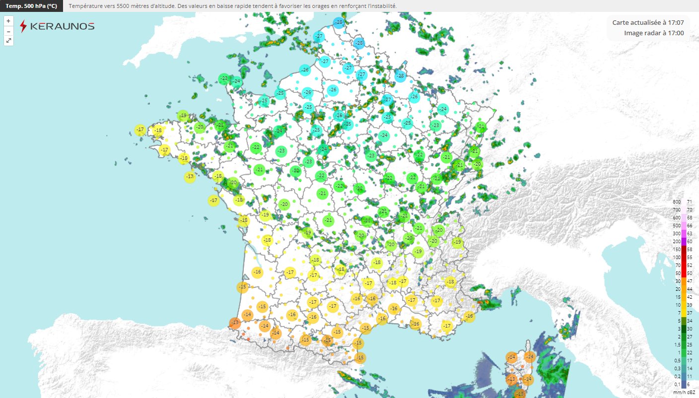 Un r&eacute;gime de tra&icirc;ne concerne une bonne moiti&eacute; nord du pays ce jeudi avec des averses fr&eacute;quentes. L'air froid d'altitude gagne par le nord, avec des valeurs assez remarquables pour une premi&egrave;re quinzaine de septembre (-28/-29&deg;C vers 5500 m d'altitude).
Il s'agit de la premi&egrave;re descente polaire post-&eacute;t&eacute; m&eacute;t&eacute;orologique, tr&egrave;s pr&eacute;coce mais peu durable.
