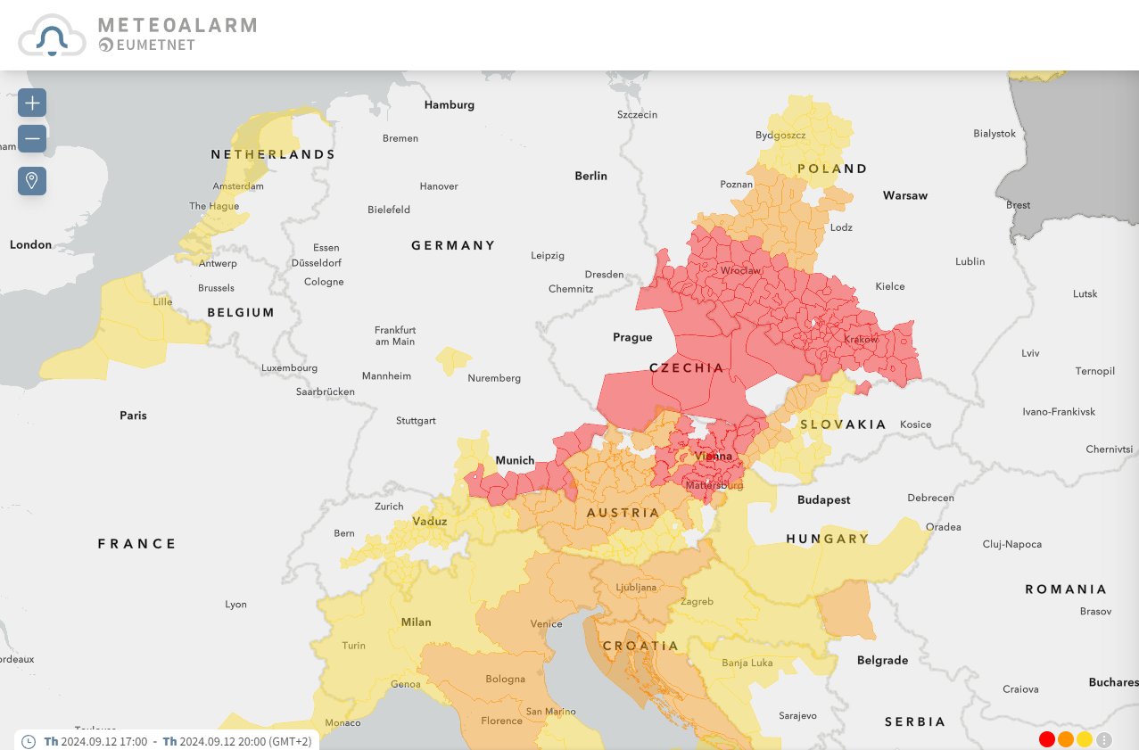 L'alerte rouge concernant cet &eacute;v&eacute;nement pluvieux exceptionnel sur le centre de l'Europe s'&eacute;tend d&eacute;sormais du sud de l'Allemagne au nord-est de l'Autriche, de la R&eacute;publique Tch&egrave;que &agrave; une bande sud de la Pologne.
