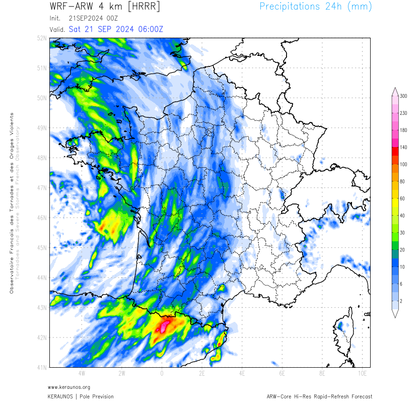 Des orages sont attendus sur le tiers ouest du pays ce samedi, dans un flux encore orient&eacute; au sud. Les cumuls de pluie s'annoncent localement significatifs, et tr&egrave;s abondants en cr&ecirc;te fronti&egrave;re sur l'ouest des Pyr&eacute;n&eacute;es (r&eacute;gion de Gavarnie typiquement).