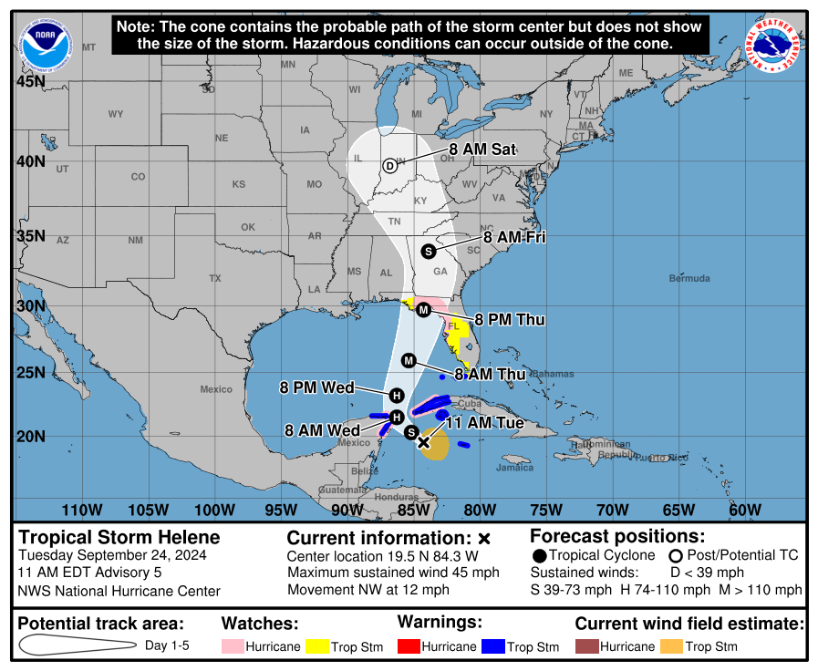 La temp&ecirc;te tropicale Helene est n&eacute;e avant d'entrer dans le Golfe du Mexique. Le syst&egrave;me devrait rapidement &eacute;voluer en ouragan puis un ouragan majeur avant d'impacter le nord-ouest de la Floride jeudi soir.