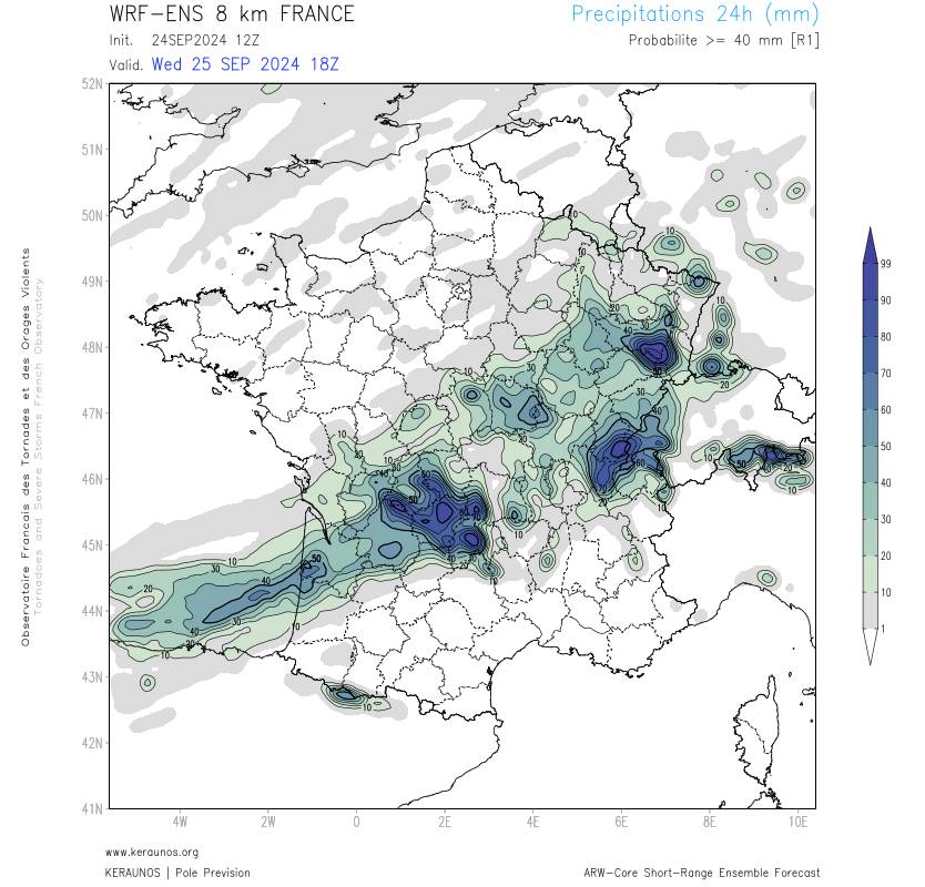 Bon arrosage &agrave; attendre entre l'Aquitaine et les reliefs de l'est entre mercredi et jeudi avec des probabilit&eacute;s de cumuls &gt; 40 mm tr&egrave;s &eacute;lev&eacute;es sur les flancs ouest des reliefs (Limousin, Vosges, Jura, nord-est Rh&ocirc;ne-Alpes). Localement, des lames d'eau proches de 100 mm sur ces deux jours sont envisageables.