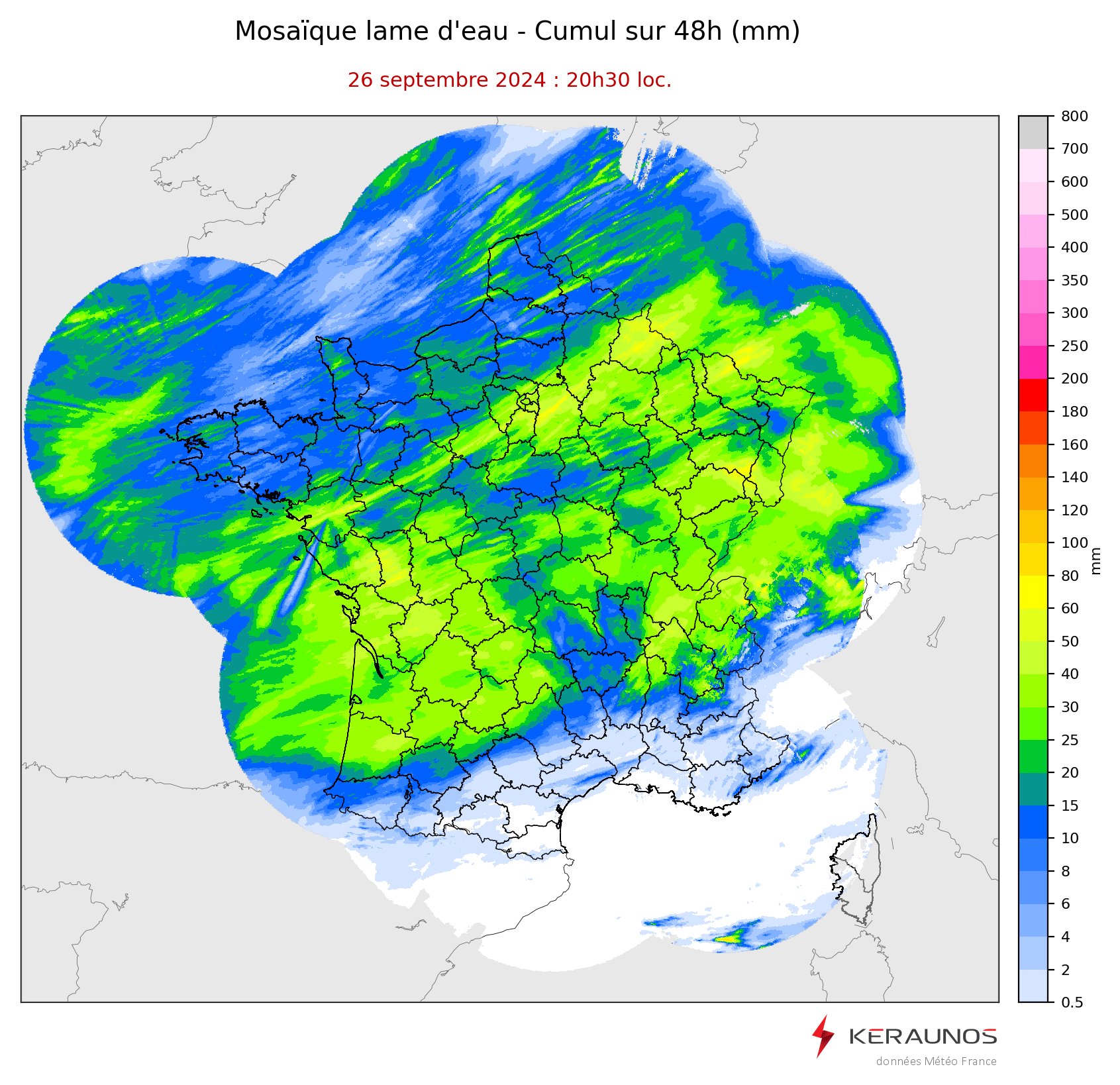L'arrosage a &eacute;t&eacute; tr&egrave;s copieux sur une grande partie de la France ces 48 derni&egrave;res heures avec des cumuls d&eacute;passant parfois les 50 mm et localement 70 &agrave; 100 mm sur les reliefs expos&eacute;s &agrave; l'ouest. On note l'effet de foehn sur les vall&eacute;es sous le vent du Massif-Central dans ce flux orient&eacute; &agrave; l'ouest/sud-ouest.
