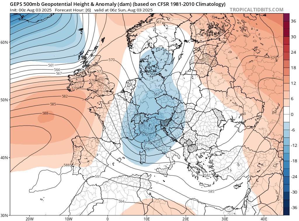 Apr&egrave;s un ultime passage de thalweg entre lundi et mardi sur l'extr&ecirc;me nord, des conditions anticycloniques et chaudes vont s'&eacute;tablir sur la France. Les mod&egrave;les d'ensemble envisagent leur maintien jusqu'apr&egrave;s la mi-ao&ucirc;t au moins. Une vague de chaleur (voire canicule) est envisageable &agrave; partir de la seconde partie de semaine prochaine.