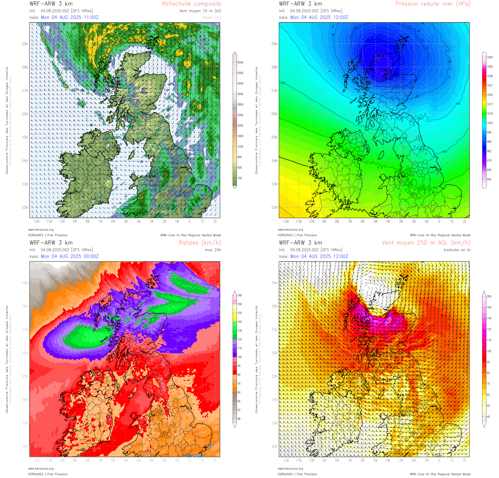 Une forte temp&ecirc;te (Floris) va frapper l&rsquo;&Eacute;cosse ce lundi, avec une intensit&eacute; peu courante pour un mois d'ao&ucirc;t. Le dernier run ARW3 mod&eacute;lise des rafales voisines de 130 km/h.
