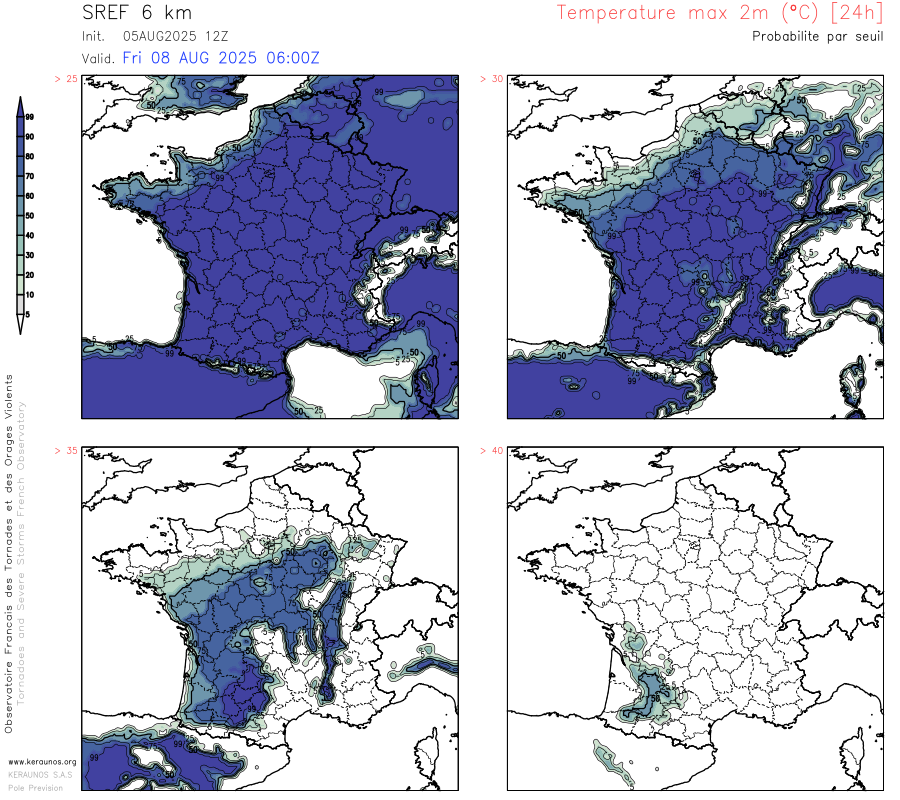 A partir de vendredi, les tr&egrave;s fortes chaleurs (valeurs &gt; 35&deg;C) vont s'&eacute;tendre sur les deux tiers sud. Une probabilit&eacute; non n&eacute;gligeable d'atteindre 40&deg;C existe dans le sud-ouest. Entre jeudi et le milieu de semaine prochaine au moins, un &eacute;pisode caniculaire marqu&eacute; semble probable sur la moiti&eacute; sud du pays.