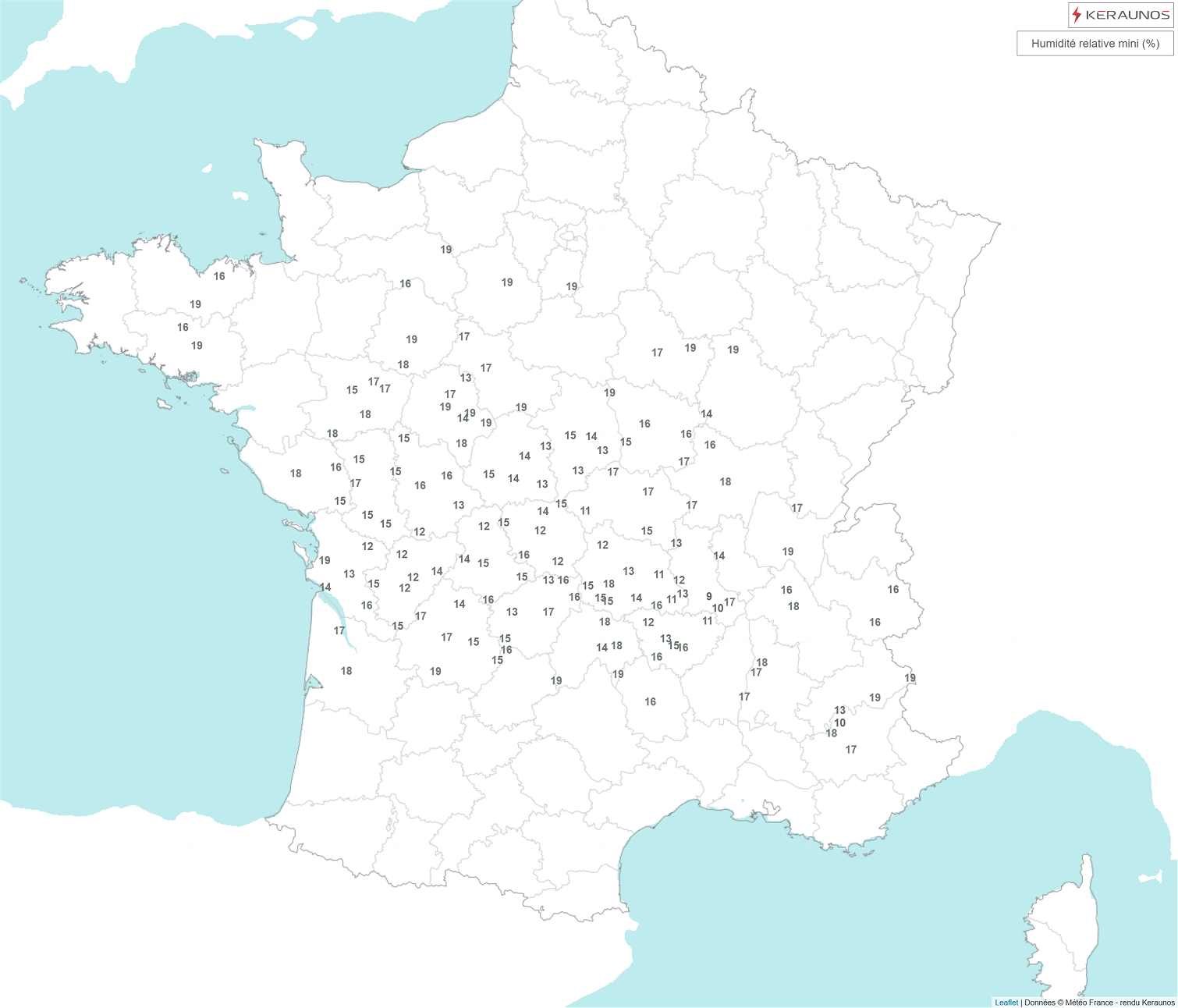 La masse d'air d'origine saharienne est remarquablement s&egrave;che ce jeudi avec des valeurs d'humidit&eacute; relative tr&egrave;s basse, jusqu'&agrave; 9% &agrave; peine &agrave; Saint-Etienne et fr&eacute;quemment sous les 20% sur une bande centrale du pays.