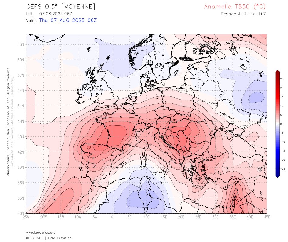 Sur les 7 prochains jours, l'anomalie de temp&eacute;rature de la masse d'air &agrave; 850 hPa devrait atteindre +7&deg;C sur un grand quart sud-ouest du pays. Il devrait &agrave; peu pr&egrave;s en &ecirc;tre de m&ecirc;me pr&egrave;s du sol.