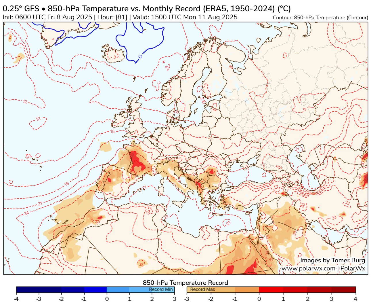 La masse d'air pr&eacute;vue lundi apr&egrave;s-midi dans l'ouest devrait approcher les records mensuels (ou les battre selon les mod&eacute;lisations, cela se joue &agrave; 1 ou 2&deg;C). Cette masse d'air remarquable devrait se d&eacute;caler plus &agrave; l'est ensuite mardi.