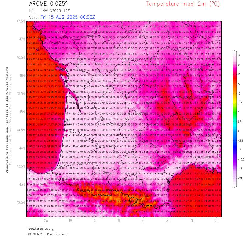Demain vendredi, les temp&eacute;ratures repartent &agrave; la hausse sur le sud-ouest avec des maximales attendues entre 40 et 41&deg;C sur l'Aquitaine, jusqu'au Midi Toulousain et &agrave; l'int&eacute;rieur du Languedoc. Le risque orageux va nettement r&eacute;gresser avec le renforcement de la dorsale anticyclonique.