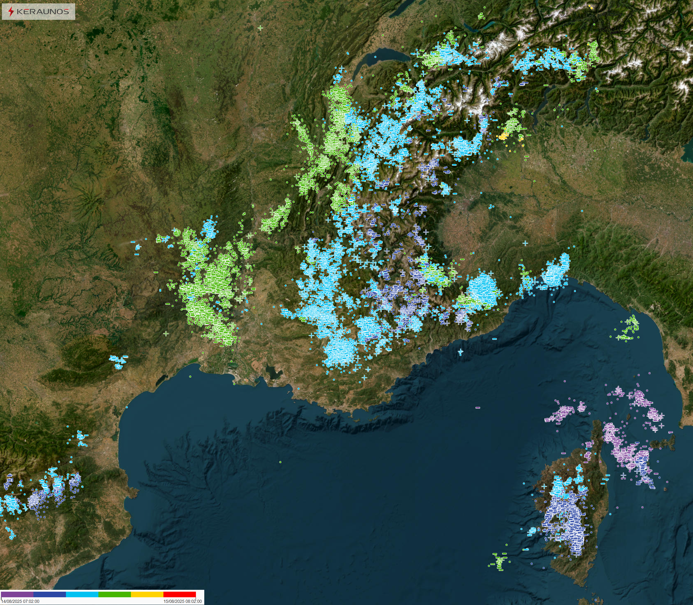 La journ&eacute;e d'hier jeudi a &eacute;t&eacute; bien orageuse sur le sud-est du pays avec pr&egrave;s de 5000 impacts de foudre d&eacute;tect&eacute;s dont 800 de polarit&eacute; positive. Les plus intenses ont atteint 300 kA comme dans l'Ain pr&egrave;s de Mijoux. Des rafales de vent parfois fortes ont &eacute;t&eacute; relev&eacute;es (jusqu'&agrave; 100 km/h &agrave; Chamb&eacute;ry).