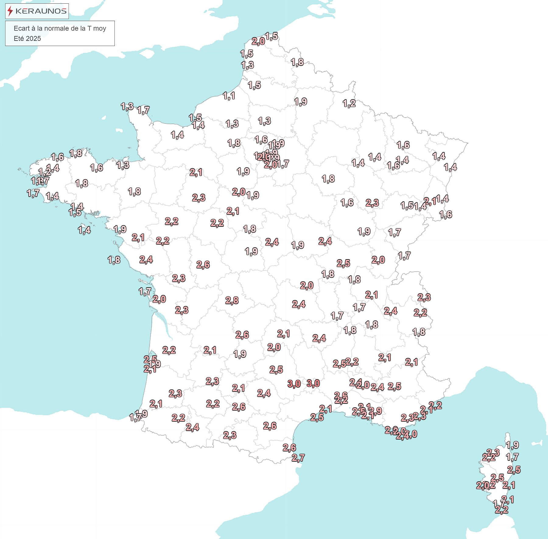 A une quinzaine de jours de la fin de l'&eacute;t&eacute; m&eacute;t&eacute;orologique, l'anomalie thermique positive ressort sur tout le pays, entre +1.5 et +3&deg;C selon les secteurs. A l'&eacute;chelle nationale, cet &eacute;t&eacute; devrait parvenir &agrave; se hisser sur le podium des plus chauds (en 2&egrave;me ou plus probablement 3&egrave;me position derri&egrave;re 2003 et 2022). A suivre !