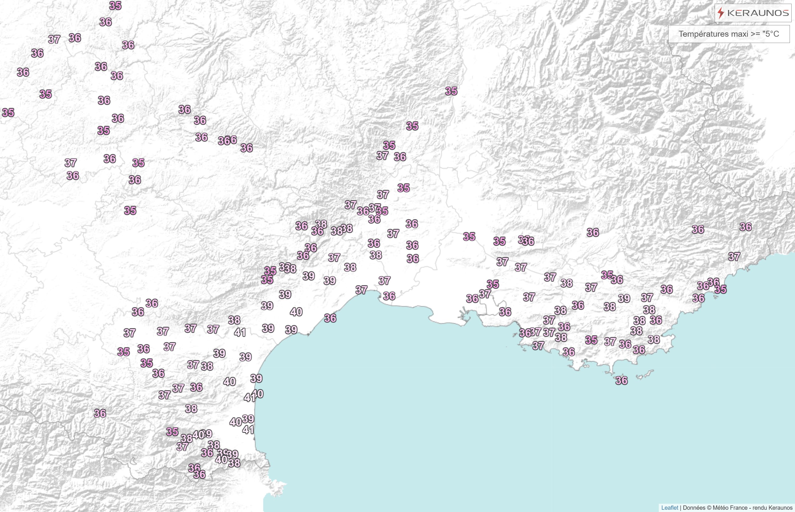 Probablement la derni&egrave;re journ&eacute;e avec des temp&eacute;ratures &gt; 40&deg;C en Languedoc avec jusqu'&agrave; 41,1&deg;C &agrave; Fitou dans les Corbi&egrave;res et 40,6&deg;C &agrave; Canet-en-Roussillon. 39,6&deg;C relev&eacute; &agrave; Leucate, nouveau record mensuel sur cette station assez r&eacute;cente. A noter que les tr&egrave;s fortes chaleurs ont &eacute;galement &eacute;vacu&eacute; la plaine toulousaine (o&ugrave; il a quand m&ecirc;me fait pr&egrave;s de 34&deg;C).