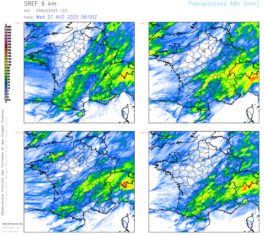 Entre mercredi et jeudi, une d&eacute;gradation pluvio-orageuse active est attendue du sud-ouest au centre-est avec un risque de cumuls de pluie significatifs parfois sup&eacute;rieurs &agrave; 50/60 mm selon les mod&egrave;les d'ensemble. Des pointes tr&egrave;s localis&eacute;es &agrave; 100 mm ne sont pas &eacute;cart&eacute;es.