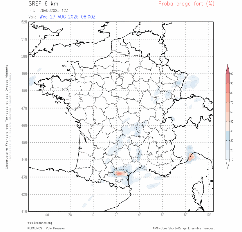 Les 48 prochaines heures s'annoncent agit&eacute;es avec des orages parfois tr&egrave;s actifs. La probabilit&eacute; d'orages au moins forts augmente d&egrave;s demain sur l'axe Pyr&eacute;n&eacute;es/nord-est pour gagner vers le sud-est du pays la nuit suivante et jeudi et enfin vers l'Italie.
A suivre dans nos prochains bulletins.