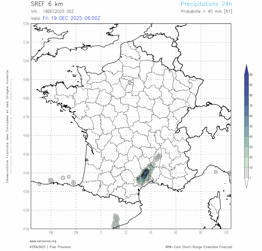 Au fil des jours, de nouvelles pluies vont concerner le sud-est du pays. La probabilit&eacute; de cumuls > 40 mm en 24h cro&icirc;t significativement &agrave; partir de vendredi en C&eacute;vennes et va persister quotidiennement en s'&eacute;tendant &agrave; PACA d'ici lundi. Un nouvel &eacute;pisode m&eacute;diterran&eacute;en va donc d&eacute;buter en cette fin de semaine.