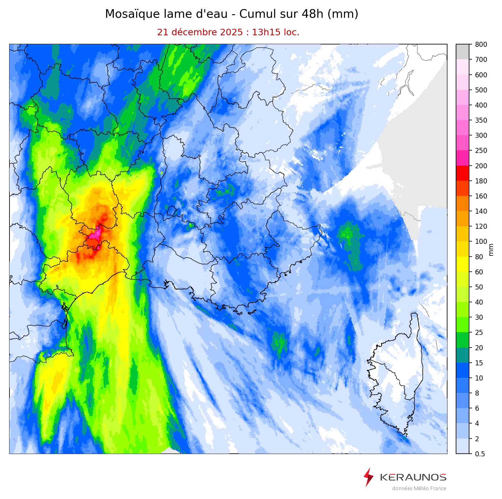 Les pluies se poursuivent en C&eacute;vennes aujourd'hui. Sur ces 48 derni&egrave;res, des lames d'eau de 250 &agrave; 300 mm sont relev&eacute;es entre le relief de l'H&eacute;rault et le massif de l'Aigoual, jusqu'au Mont Loz&egrave;re. Des crues sont amorc&eacute;es sur les t&ecirc;tes des bassins c&eacute;venols.