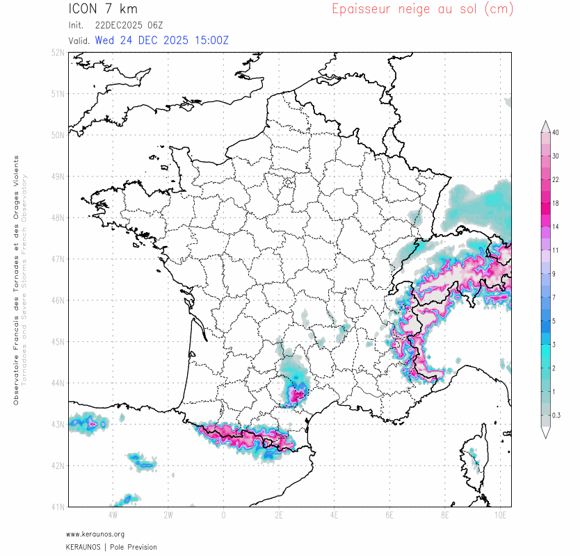 Le transit d'une goutte froide venue de l'est se confirme pour No&euml;l, nuit du 24 au 25 et matin&eacute;e du 25. Un saupoudrage &agrave; quelques cm de neige est pr&eacute;vu dans son sillage. Jusqu'&agrave; 5/8 cm seront localement possibles contre les reliefs du centre-est.