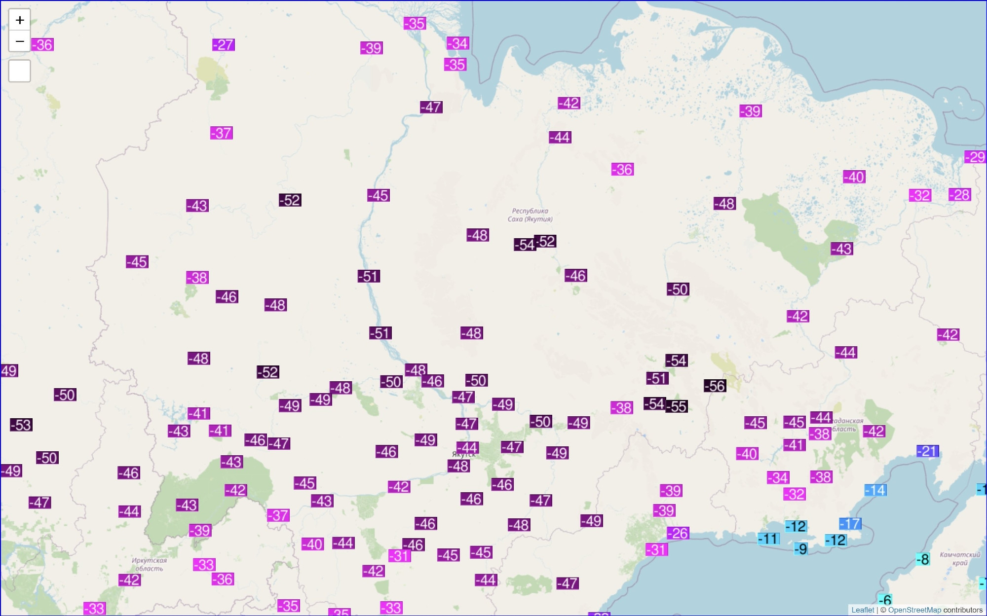 Froid extr&ecirc;me en Sib&eacute;rie avec jusqu'&agrave; -56,4&deg;C relev&eacute; &agrave; Delyankir, valeur la plus froide de l'hiver dans le secteur et -54,6&deg;C &agrave; Ojmjakon. Plusieurs valeurs sous les -50&deg;C jusqu'au centre de la Sib&eacute;rie. Carte Ogimet