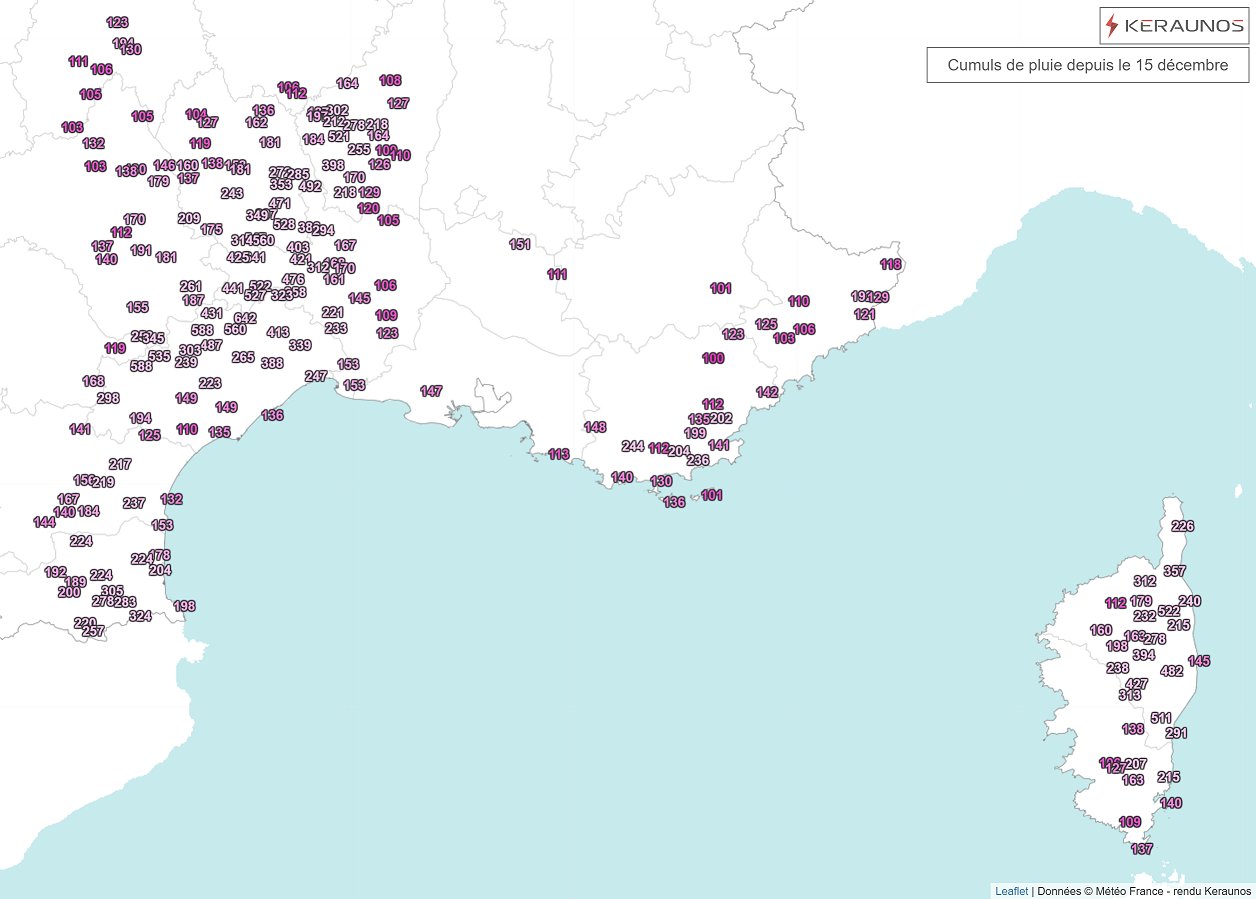 L'&eacute;pisode pluvieux est termin&eacute; dans le sud. Depuis la mi-d&eacute;cembre, les cumuls de pluie ont &eacute;t&eacute; tr&egrave;s importants avec des valeurs d&eacute;passant les 500 mm en C&eacute;vennes ou sur l'est de la Corse notamment.