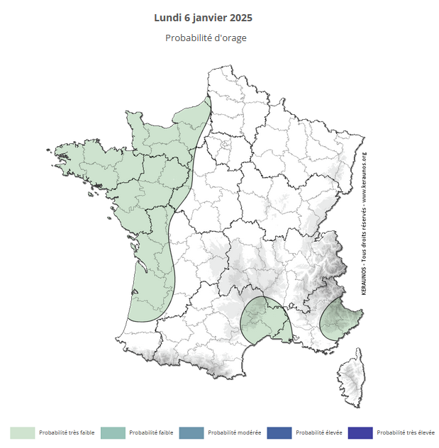 Les premiers orages de l'ann&eacute;e 2025 en France pourraient &ecirc;tre observ&eacute;s lundi, principalement dans l'ouest du pays et pr&egrave;s de la M&eacute;diterran&eacute;e, sous forme d'orages isol&eacute;s et brefs. &Eacute;volution &agrave; suivre dans les prochains bulletins de pr&eacute;vision &agrave; moyen terme.