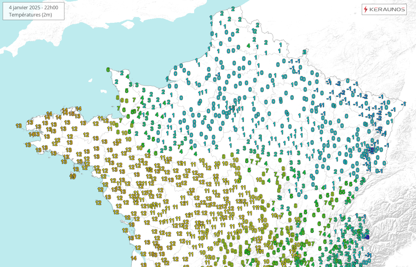 L'air doux progresse rapidement en direction du nord du pays ce soir. La ligne de front est tr&egrave;s nette actuellement, avec parfois 10 &agrave; 12&deg;C d'&eacute;cart en quelques dizaines de kilom&egrave;tres, comme dans la Sarthe par exemple.