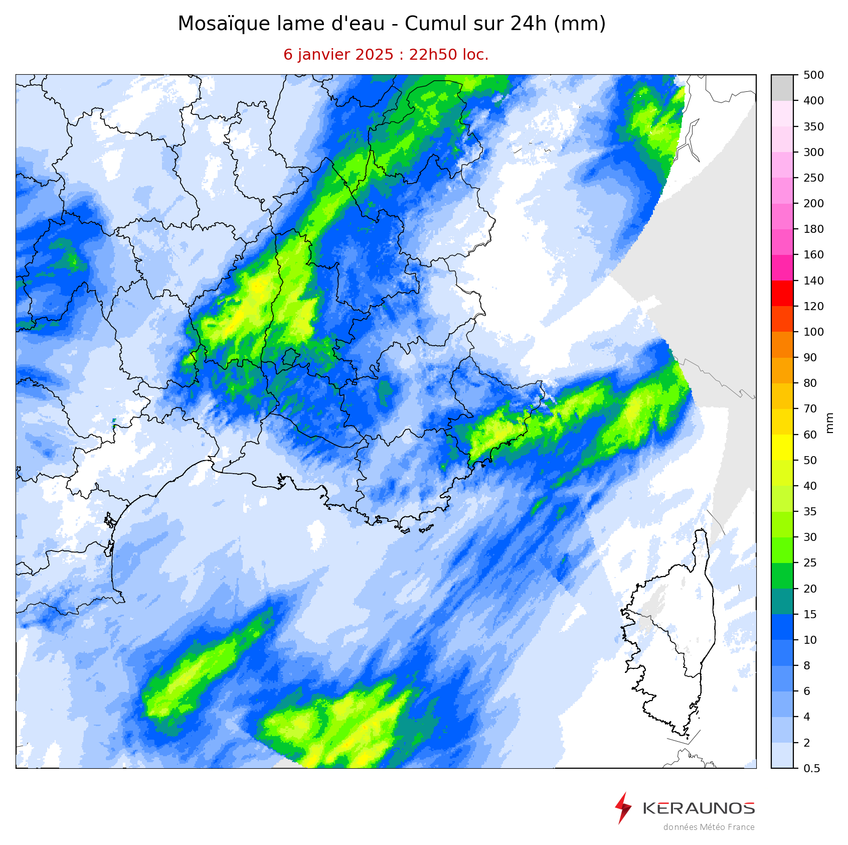 Les pr&eacute;cipitations ont &eacute;t&eacute; abondantes ce lundi dans le quart sud-est du pays. C'est notamment l'Ard&egrave;che qui a enregistr&eacute; de fortes lames d'eau, avec des pointes localis&eacute;es jusqu'&agrave; 60 mm en 24h.