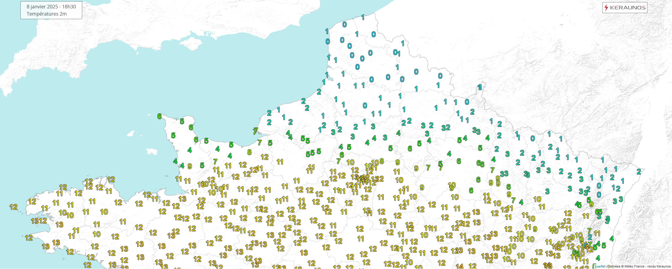 Conflit de masse d'air en cours ce soir sur la moiti&eacute; nord du pays : 0 &agrave; 1&deg;C sur le Nord - Pas de Calais vs 11 &agrave; 13&deg;C en r&eacute;gion parisienne. Cons&eacute;quence : neige vs pluie selon le c&ocirc;t&eacute; du front o&ugrave; on se situe !