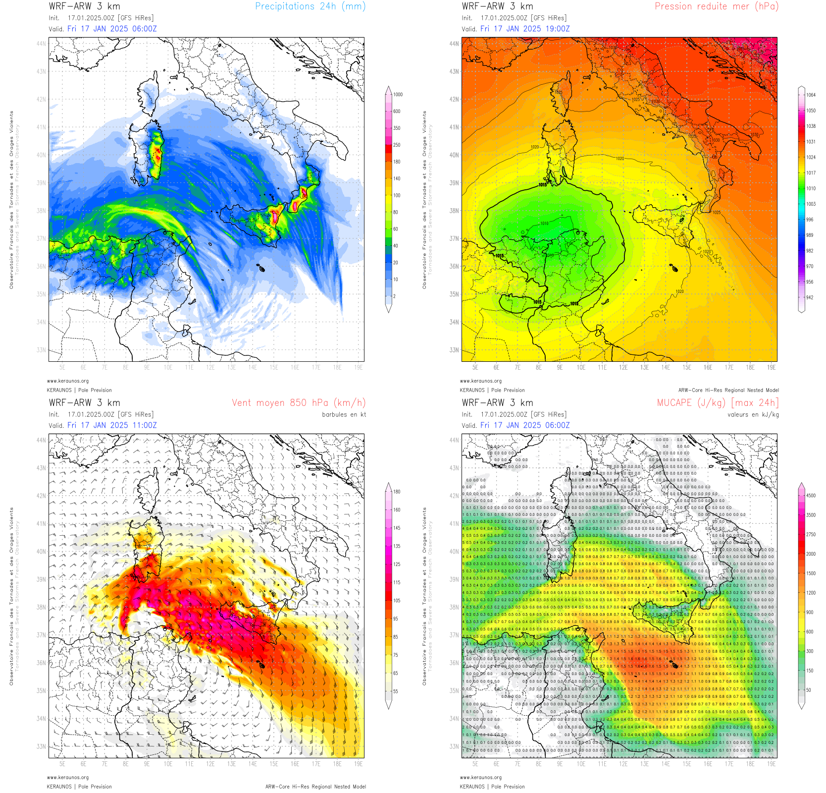 Une d&eacute;pression temp&eacute;tueuse va se creuser sur le nord de la Tunisie ce vendredi. Des pluies intenses et orageuses sont attendues entre Calabre, Sicile et Sardaigne. Des lames d'eau &gt; 300 mm sont notamment envisag&eacute;es par ARW 3km dans la r&eacute;gion de l'Etna.