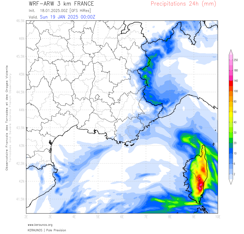 Des pluies soutenues produiront de forts cumuls sur la fa&ccedil;ade orientale de la Corse durant le week-end. Des lames d'eau pouvant atteindre 200 mm en 24h sont attendues, notamment sur le sud-est de l'&icirc;le.