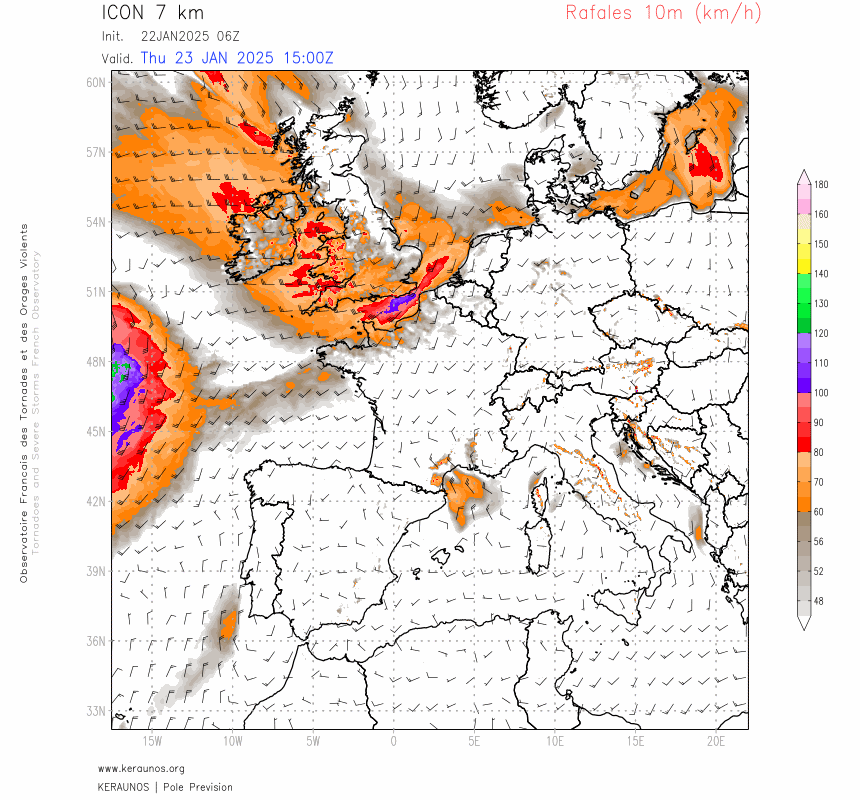 Alerte rouge pour vendredi en Irlande o&ugrave; une forte temp&ecirc;te (Eowyn) est pr&eacute;vue vendredi avec des rafales qui pourront d&eacute;passer 150 km/h sur la c&ocirc;te ouest de l'&icirc;le et 130 km/h dans l'int&eacute;rieur. Cette temp&ecirc;te gagnera ensuite le centre du Royaume-Uni.