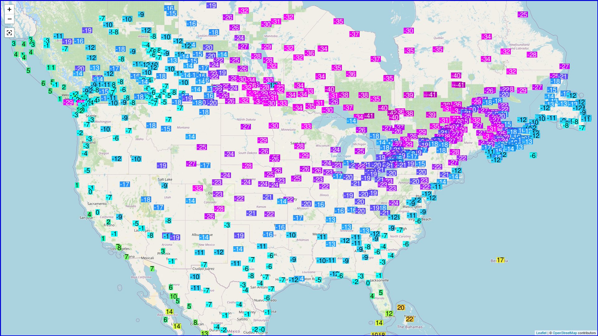 Les USA sont concern&eacute;s par une vague de froid, avec jusqu'&agrave; -33&deg;C (-28&deg;F) &agrave; l'est de Davis en Virginie Occidentale et -32.8&deg;C &agrave; Duluth dans le Minnesota. Des records de froid ont &eacute;t&eacute; battus sur l'extr&ecirc;me sud du pays, entre le Texas et la Virginie, parfois des records absolus sur le littoral de la Louisiane. Carte Ogimet.