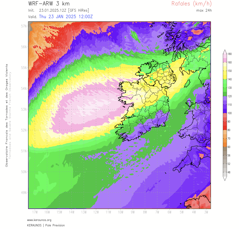 Les rafales produites (simulation ARW 3 km) par la temp&ecirc;te #Eowyn en #Irlande pourraient approcher les 200 km/h sur les caps et littoraux de l'ouest de l'&icirc;le. La plage des rafales de vent sup&eacute;rieures &agrave; 140 km/h dans toute la moiti&eacute; nord de l'Irlande est remarquable.