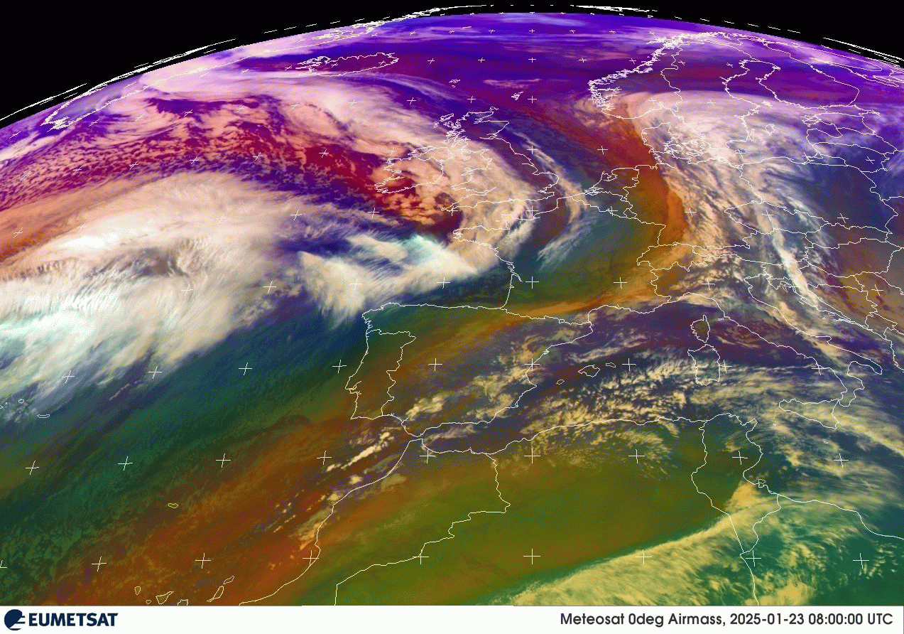 La d&eacute;pression explosive &agrave; l'origine de la temp&ecirc;te Eowyn approche du sud-ouest de l'Irlande. L'anomalie de tropopause associ&eacute;e se distingue particuli&egrave;rement bien (teintes rouges/noires).