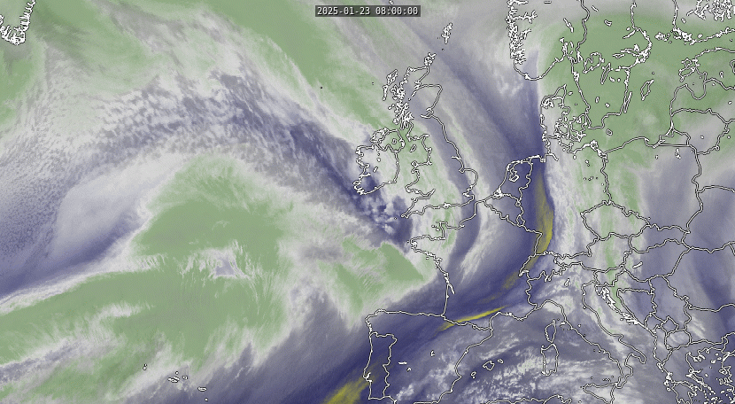 Le creusement de la d&eacute;pression Eowyn se poursuit ce soir. L'intrusion d'air sec en altitude est massive et contribue &agrave; accentuer le creusement d&eacute;pressionnaire qui devrait arriver &agrave; maturit&eacute; en fin de nuit autour de 935 hPa environ. Image sat vapeur d'eau color&eacute;e et infra-rouge via SSEC.
