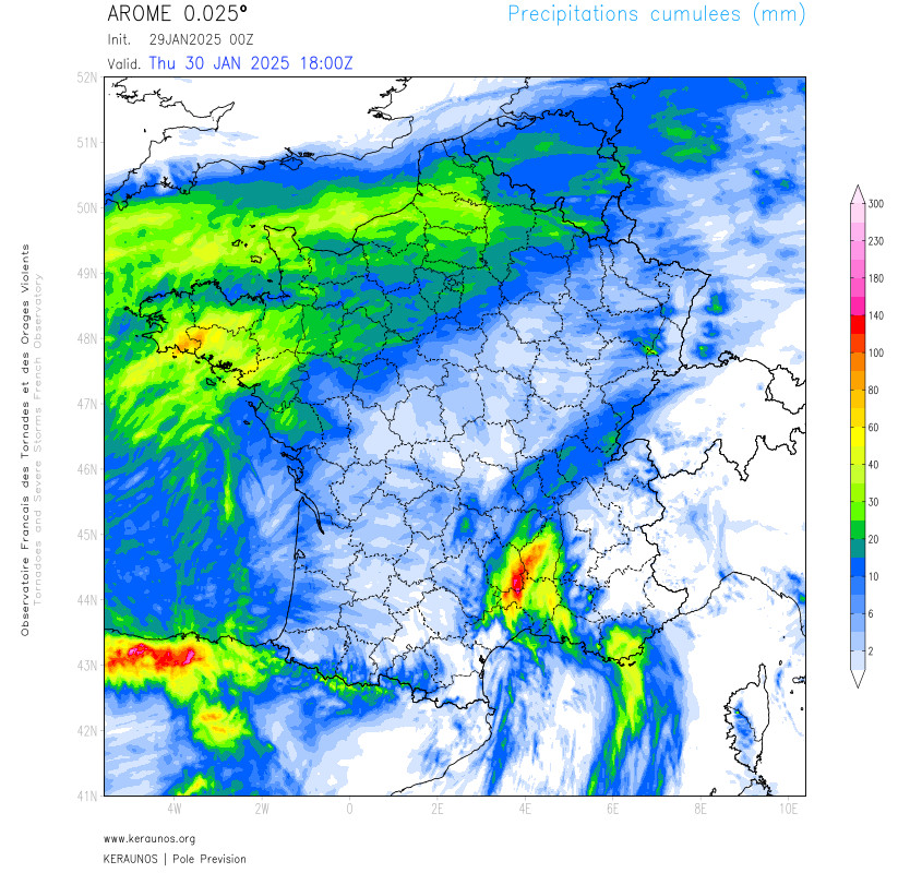 La d&eacute;pression Ivo va g&eacute;n&eacute;rer des pluies significatives en Bretagne d&eacute;j&agrave; satur&eacute;e d'eau. Des lames d'eau de 30 &agrave; 50 mm sont possibles, voire localement un peu plus sur le sud de la r&eacute;gion. A partir de la nuit prochaine et demain, pluies soutenues en C&eacute;vennes avec des cumuls sup&eacute;rieures &agrave; 100 mm attendus.