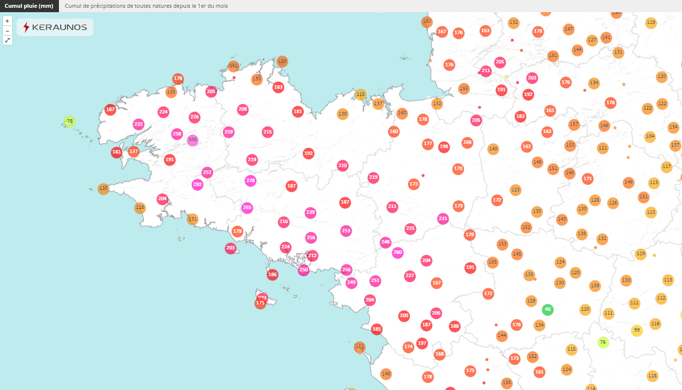 Janvier se termine et les cumuls de pluie relev&eacute;s en Bretagne sont remarquables, avec parfois plus de 300 mm sur les Monts d'Arr&eacute;e en Finist&egrave;re. Les valeurs atteignent 200 &agrave; 250 mm entre sud C&ocirc;tes-d'Armor, sud Ille-et-Vilaine et Morbihan.