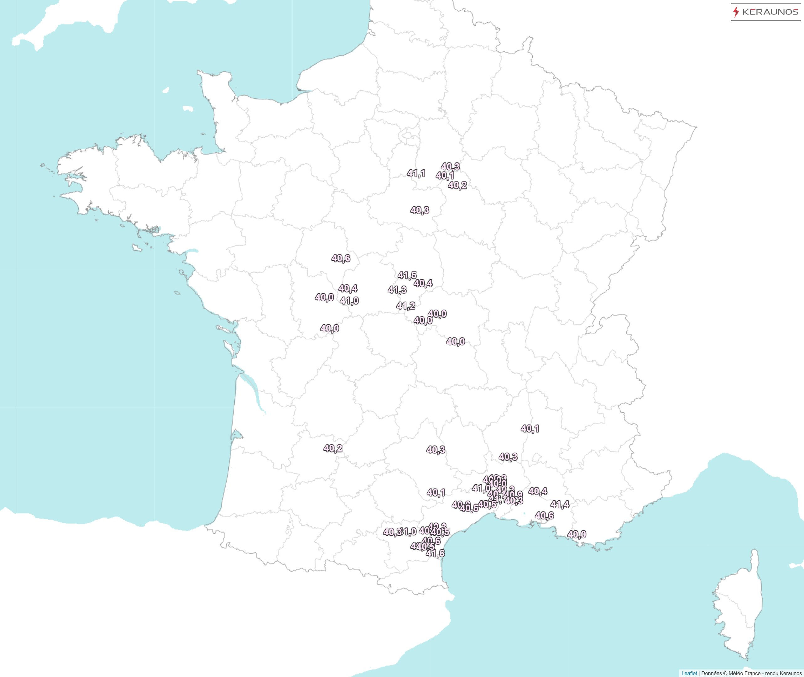 Une quarantaine de stations affichent des valeurs &gt; 40&deg;C ce mardi avec des records mensuels sur le r&eacute;seau principal &agrave; N&icirc;mes (Courbessac et Garons), Avignon, Istres ou Aubenas.
Il a &eacute;t&eacute; relev&eacute; jusqu'&agrave; 41.6&deg;C &agrave; Durban-Corbi&egrave;res (11),&nbsp;41.5&deg;C &agrave; Saint-Florent-sur-Cher (18),&nbsp;41.4&deg;C &agrave; Cadenet (84) ou&nbsp;41.3&deg;C &agrave; N&icirc;mes-Courbessac (30).