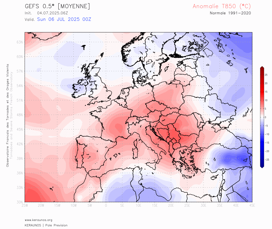 Apr&egrave;s un bref passage sous ou pr&egrave;s des normales en d&eacute;but de semaine prochaine, la tendance est &agrave; un temps chaud durable, probablement bien au-del&agrave; de la mi-juillet sur la France.