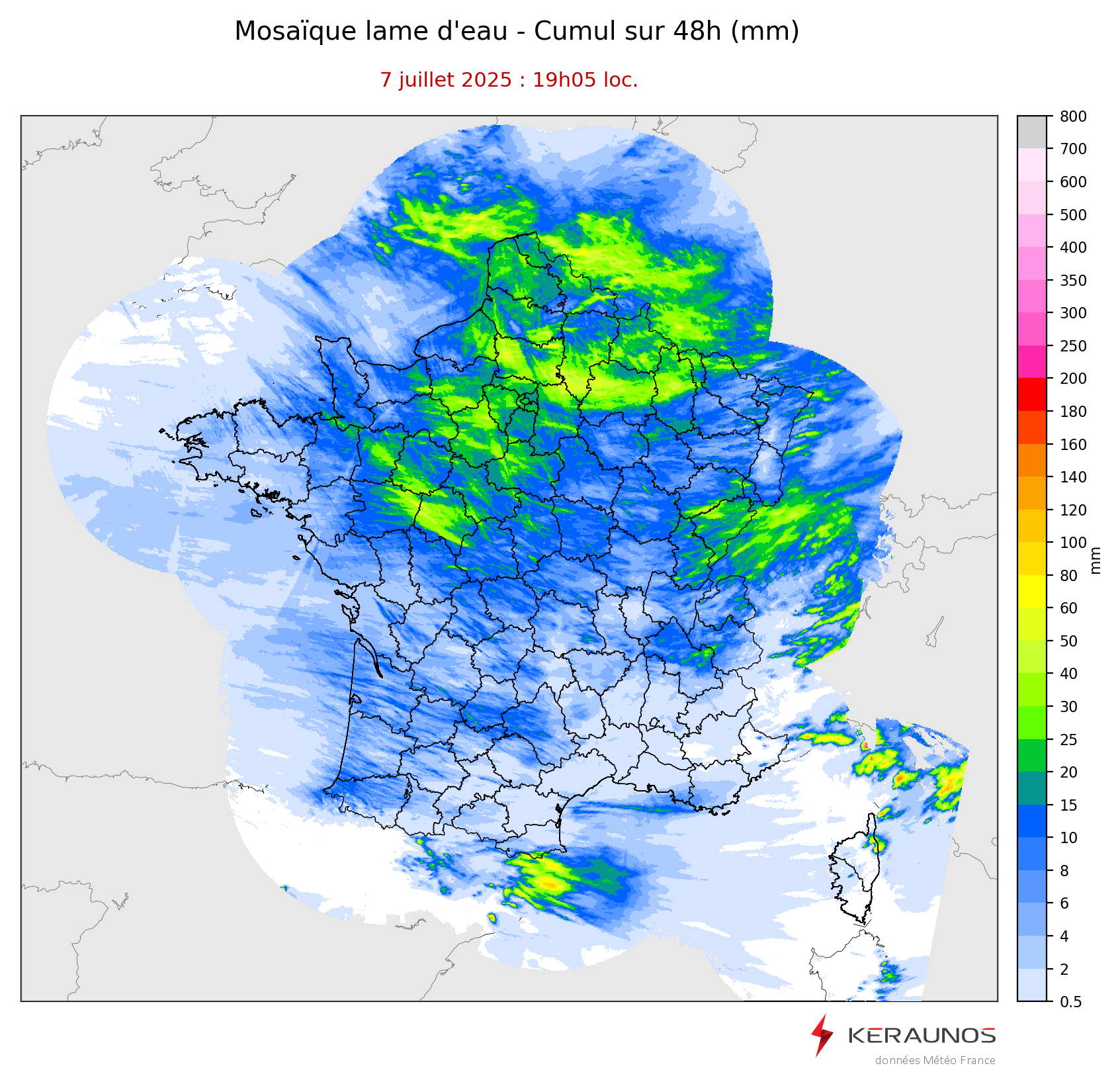 Cumuls de pluie appr&eacute;ciables depuis hier sur le nord du pays avec parfois jusqu'&agrave; 50 mm voire un peu plus au passage de thalwegs successifs dans un flux oc&eacute;anique. Un temps sec demeure et va persister dans le sud.