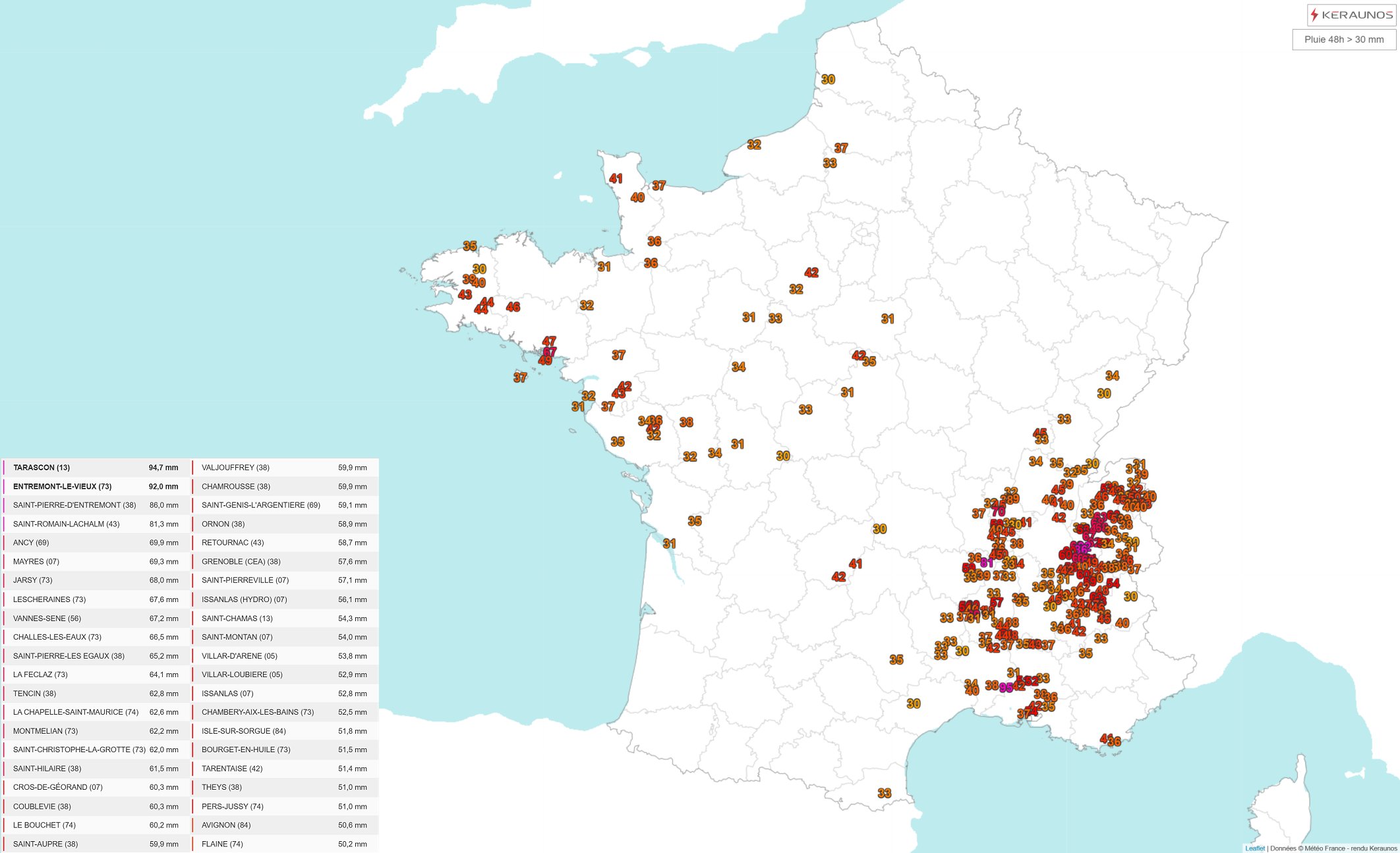 Arrosage salvateur sur le sud-est du pays et localement de la Bretagne au Centre avec des cumuls de pluie d&eacute;passant les 30 mm sur le week-end. Localement, on a approch&eacute; les 100 mm au passage des orages la nuit pass&eacute;e dans le sud-est.