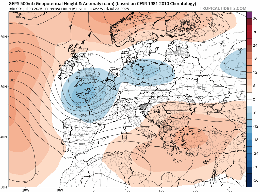 Jusqu'&agrave; d&eacute;but ao&ucirc;t, les hautes pressions devraient &ecirc;tre plut&ocirc;t positionn&eacute;es sur l'Atlantique, laissant la porte ouverte &agrave; des flux de nord-ouest en marge de descente d'air froid en altitude vers le centre de l'Europe. Les 10 prochains jours en moyenne nationale, des temp&eacute;ratures proches ou l&eacute;g&egrave;rement sous les normales sont probables.