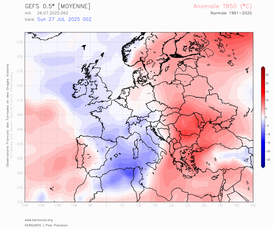La semaine prochaine, dans un flux de NO dominant avec succession de thalwegs/gouttes froides vers le Golfe de G&ecirc;nes, la masse d'air devrait rester plus fra&icirc;che que la normale. La canicule devrait s'estomper sur la Gr&egrave;ce mais les chaleurs extr&ecirc;mes persisteront en Turquie.