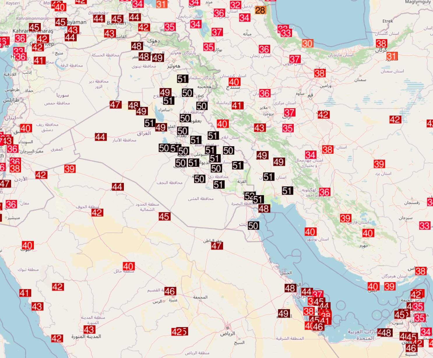 Des valeurs sup&eacute;rieures &agrave; 50&deg;C se sont &eacute;tendues jusqu'au nord de l'Irak ce dimanche. La superficie couverte est notable. Jusqu'&agrave; 51.8&deg;C relev&eacute; &agrave; l'a&eacute;roport de Bassorah. Demain lundi, 1&deg;C de plus possible sur l'est de l'Irak o&ugrave; les 52&deg;C pourraient &ecirc;tre atteints. Carte Ogimet
