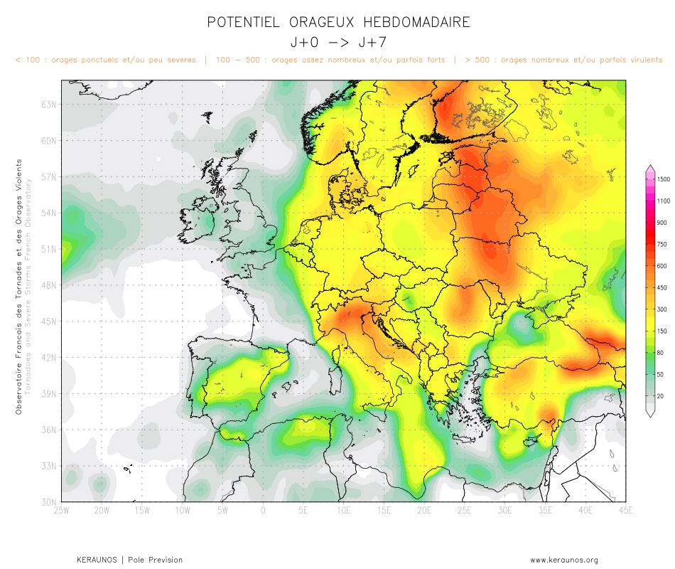 Tendance g&eacute;n&eacute;rale &agrave; 7 jours : les orages devraient surtout &ecirc;tre pr&eacute;sents dans l'est du pays cette semaine, tandis que des conditions peu instables devraient dominer ailleurs.